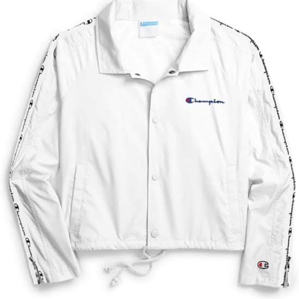 Champion White Coach Jacket with Logo Tape